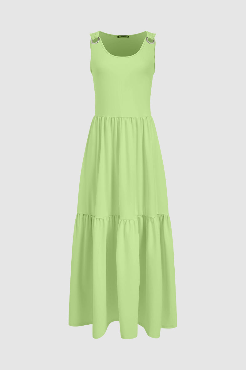 Solid Ring Linked Ruffle Hem Maxi Tank Dress