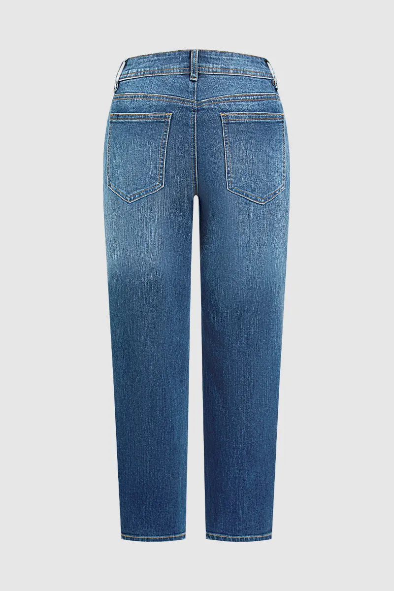 Wash Button Detail Mid Waist Straight Leg Cropped Jeans
