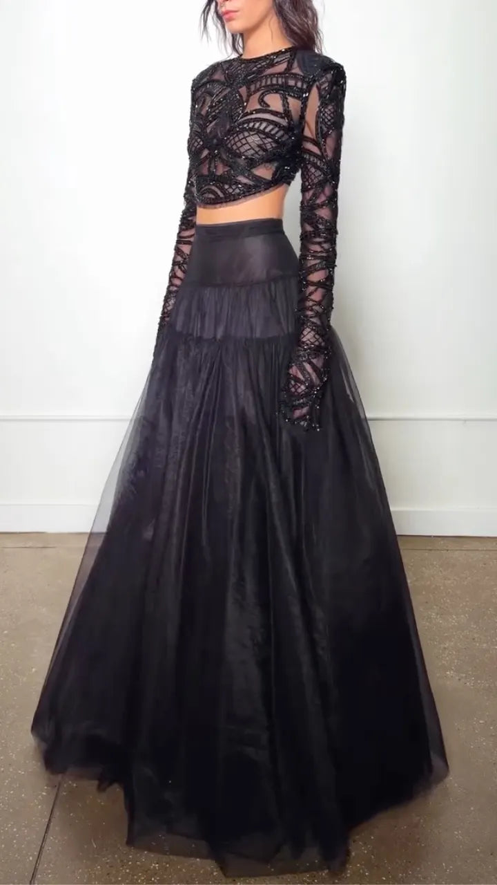Black Geometric Sheer Crop Top and Tiered Maxi Skirt Set
