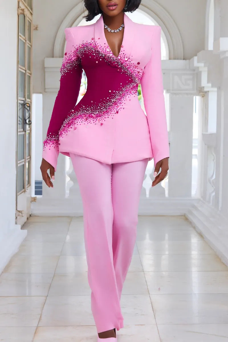 Pink Asymmetric Crystal-Trim Colorblock Pantsuit