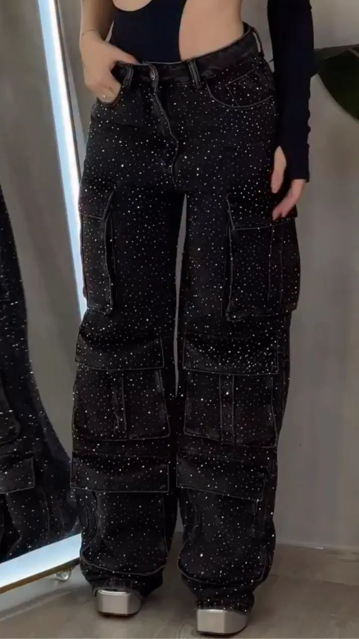 Black Allover Sparkle Multi-Pocket Cargo Jeans