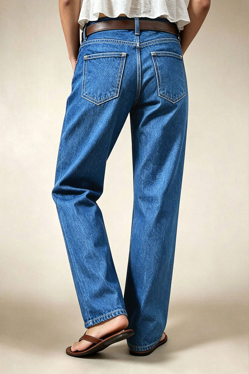Wash Studded Mid Waist Straight Leg Jeans Without Belt