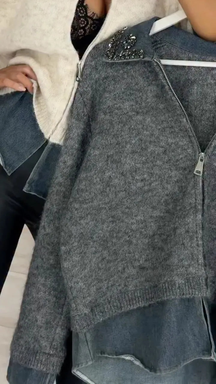 Embellished Denim-Trim Fuzzy Knit Top