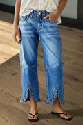 Wash Ruffle Split Hem Mid Rise Straight Leg Cropped Jeans