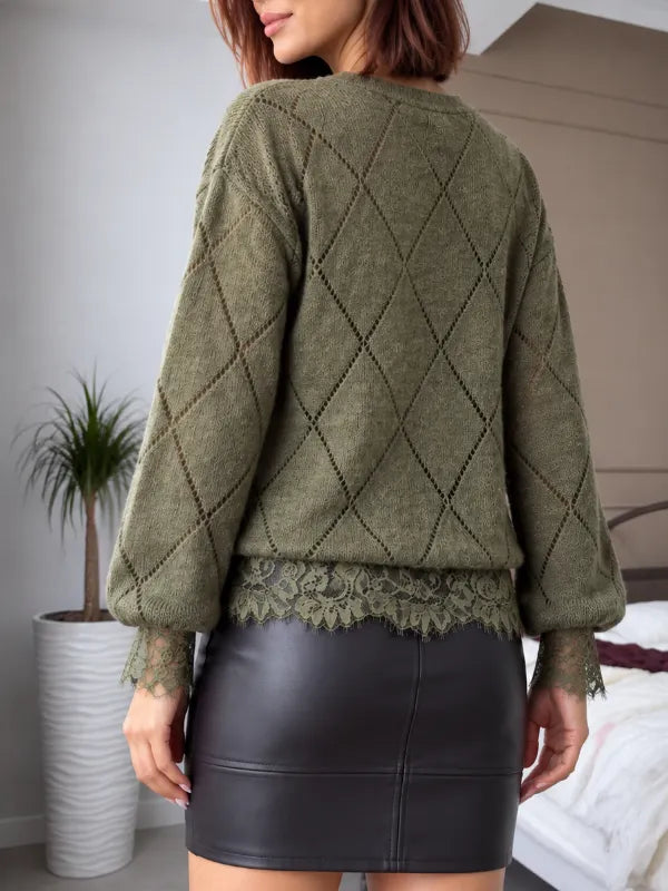 Olive Lace-Detail Diamond-Openwork Knit Cardigan
