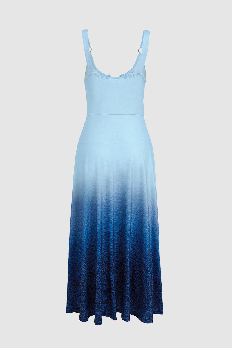 Ombre Lace Up Ruched Bust Ring Linked Backless Long Tank Dress