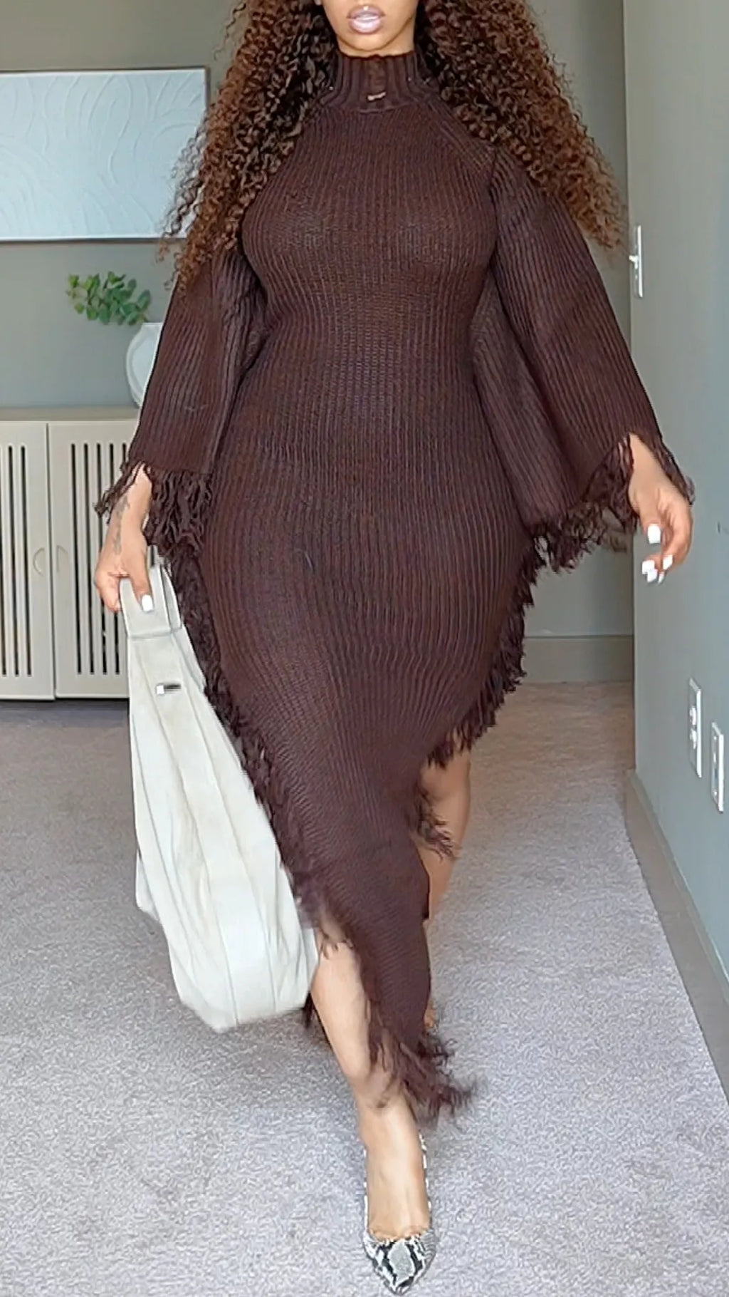 Chocolate Ribbed High-Neck Asymmetric Fringe Dress