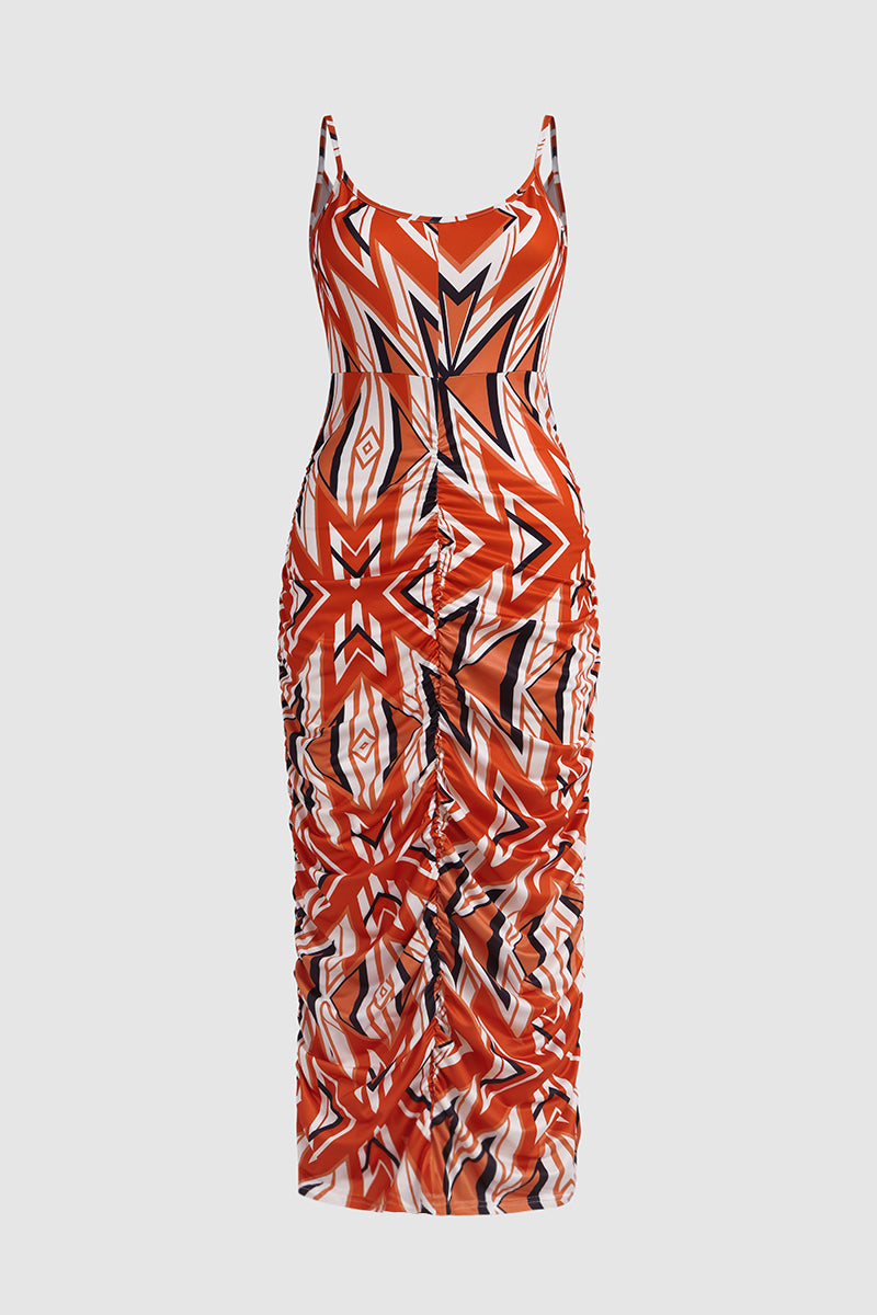 Allover Print Ruched Cut Out Maxi Dress