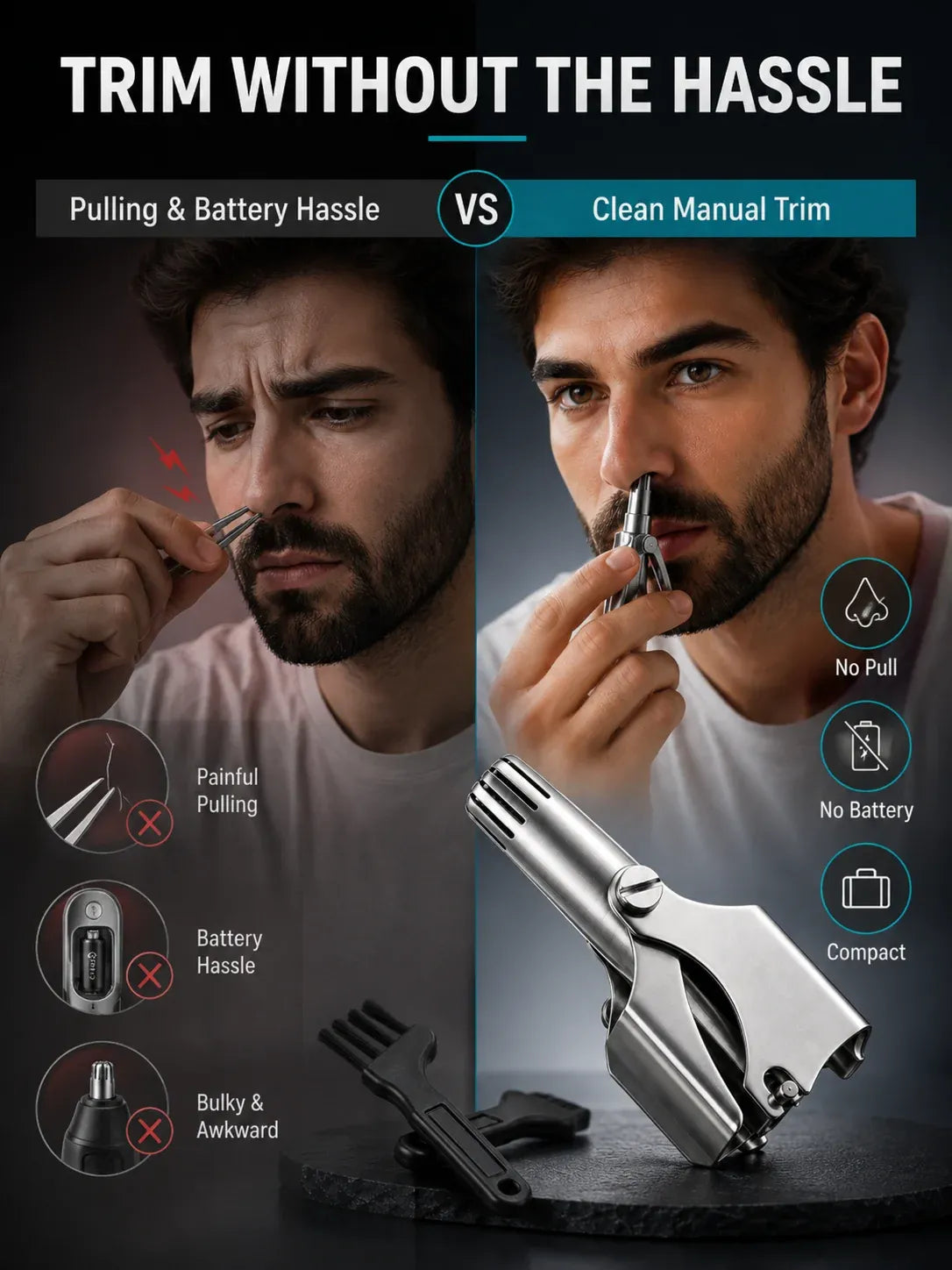 Manual Nose Hair Trimmer – Stainless Steel 360° Trimmer, Waterproof & No Battery Required