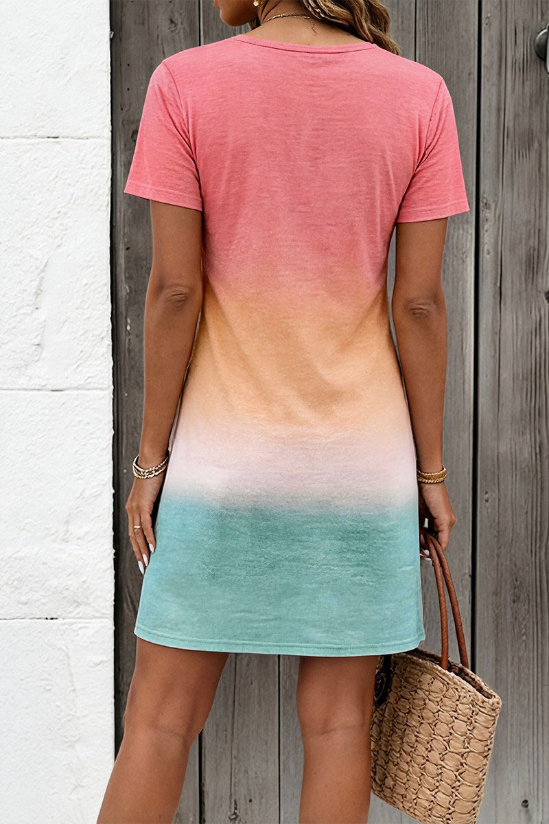 Ombre Round Neck Short Sleeve Short Tee Dress