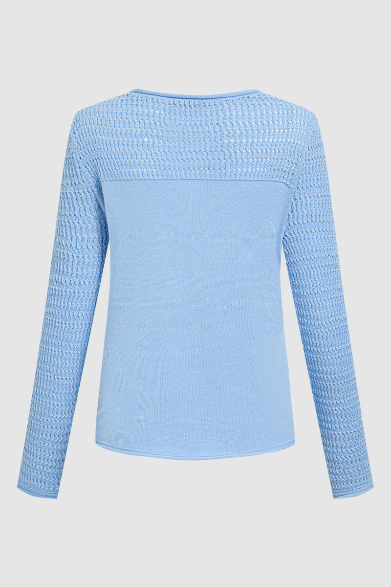 Pointelle Knit Round Neck Long Sleeve Sweater