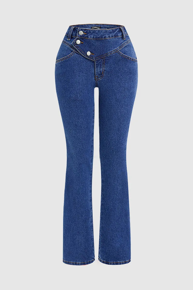 Wash Stitch Detail Button Up High Rise Bootcut Jeans