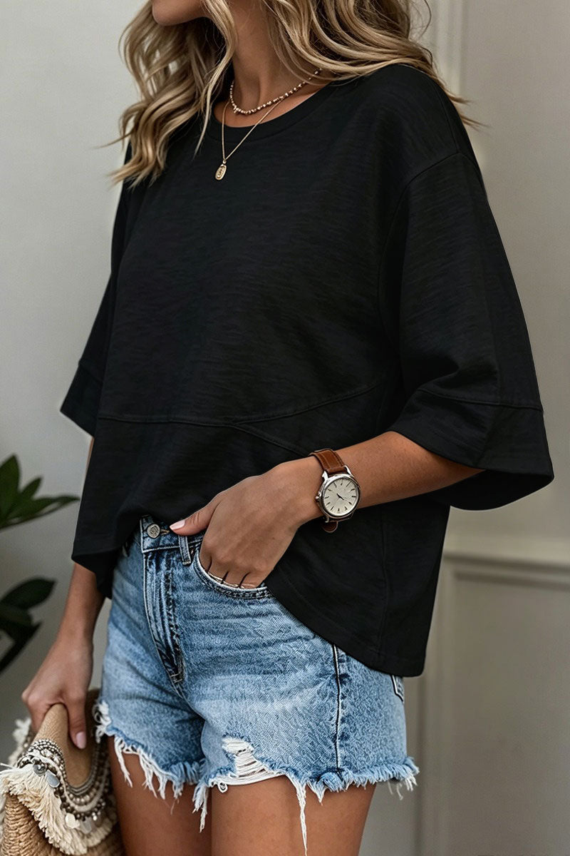 Solid Stitch Detail Round Neck Three Quarter Length Sleeve T-Shirt