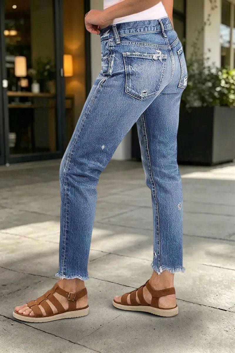 Raw Hem Ripped Mid Rise Straight Leg Crop Jeans