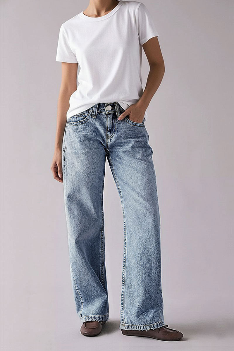 Wash Raw Hem Mid Rise Straight Leg Jeans