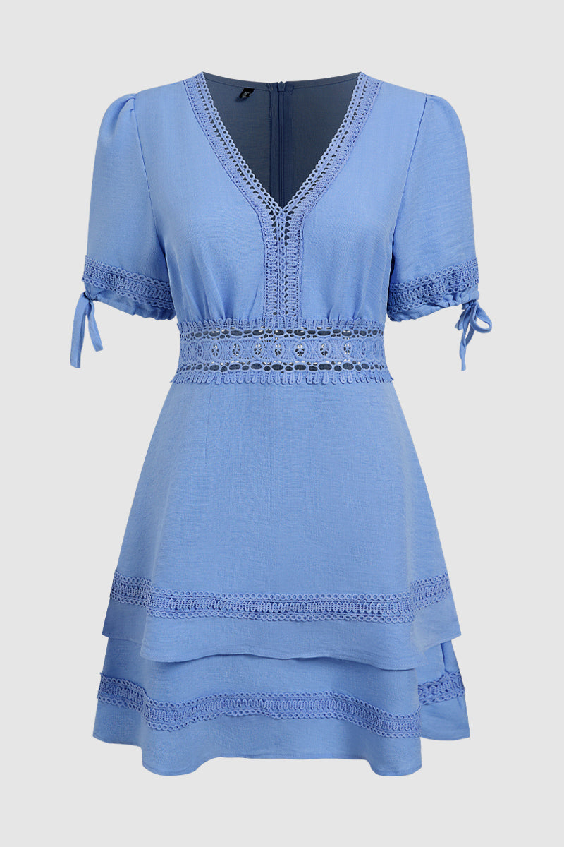 Contrast Lace Layered Ruffle Hem Drawstring Puff Sleeve Short Dress