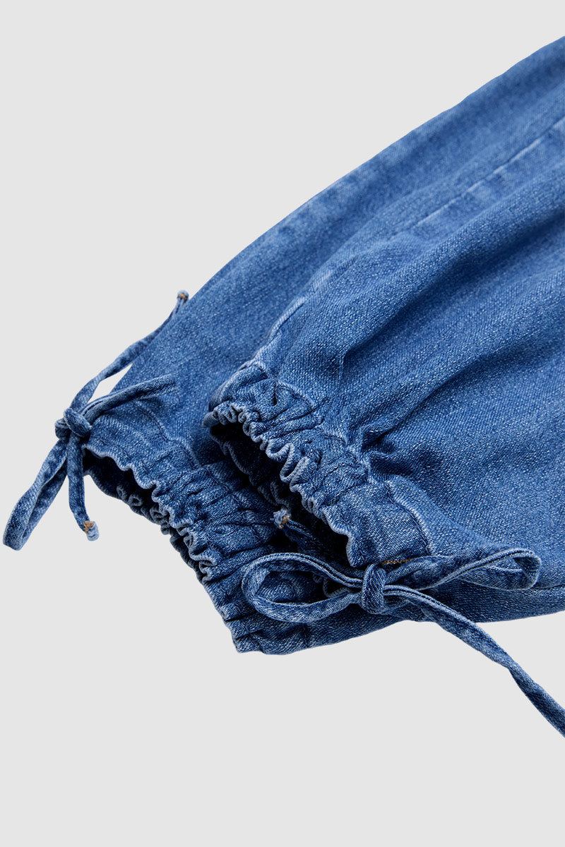 Flap Pocket Ruched Drawstring Mid Waist Balloon Leg Crop Jeans