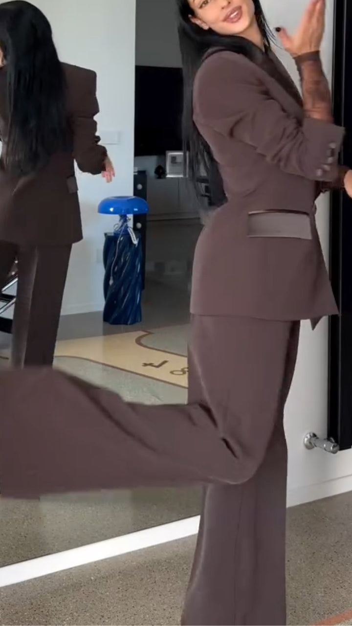 Charcoal Contrast-Lapel Double-Breasted Pantsuit