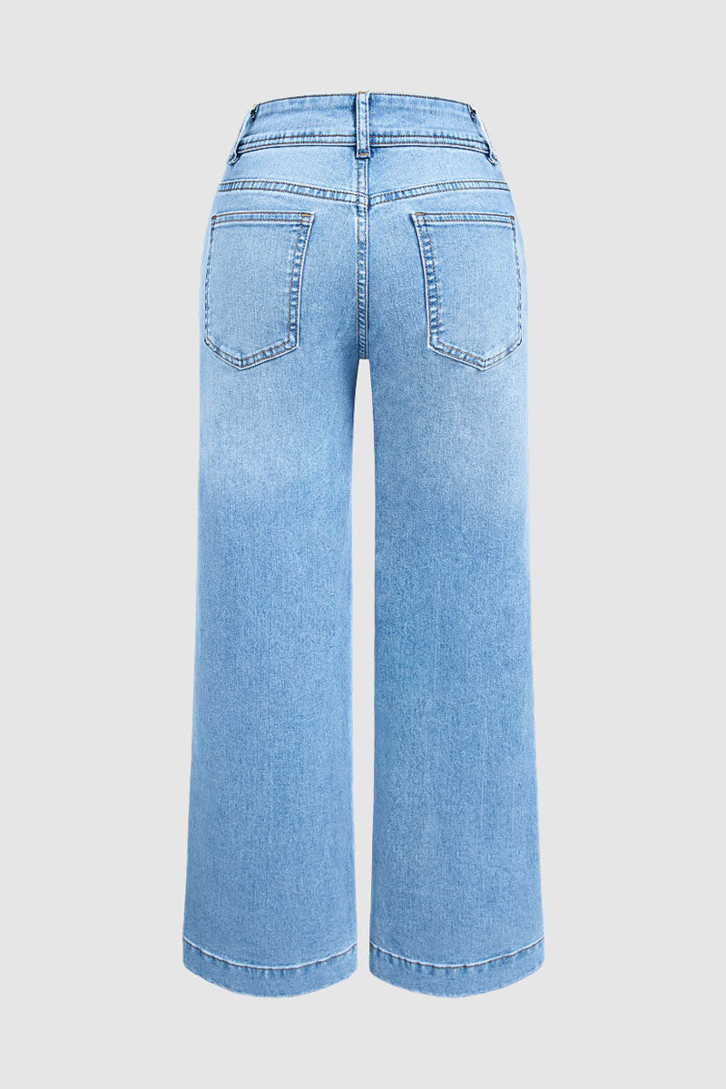 Wash Asymmetrical Stitch Detail Mid Waist Straight Leg Jeans