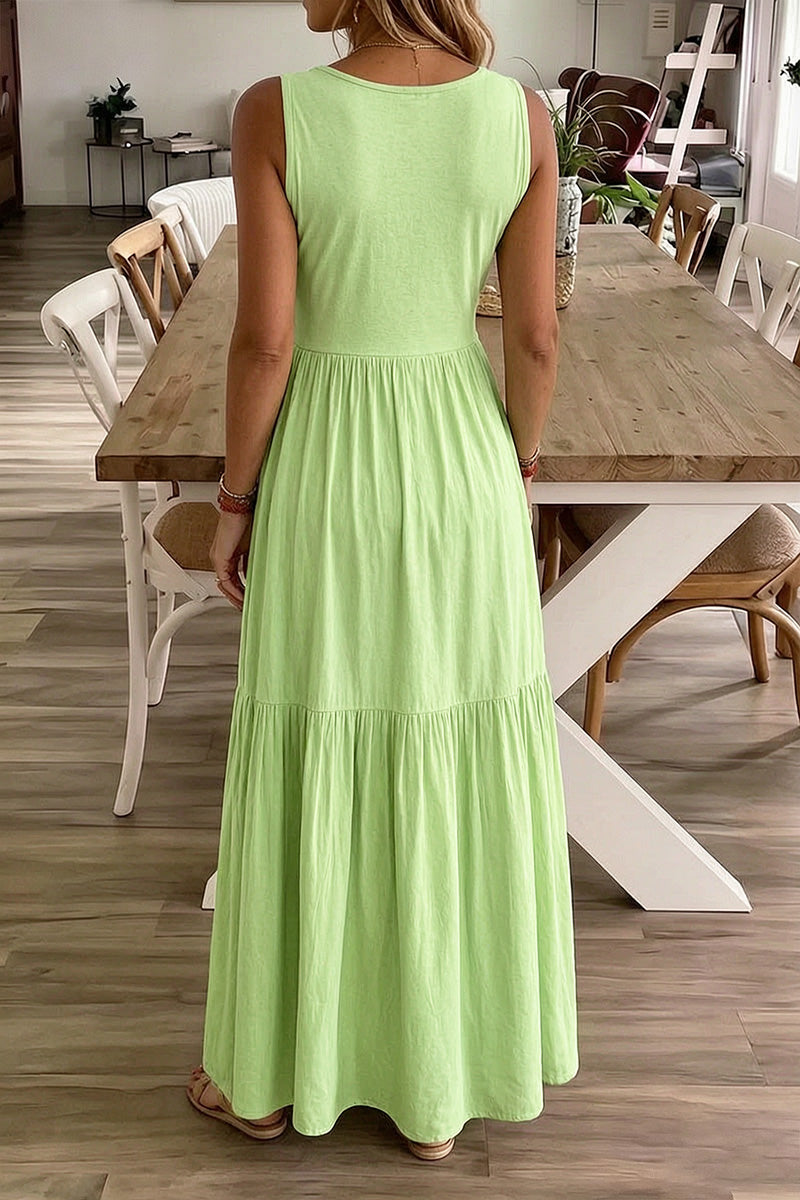Solid Ring Linked Ruffle Hem Maxi Tank Dress