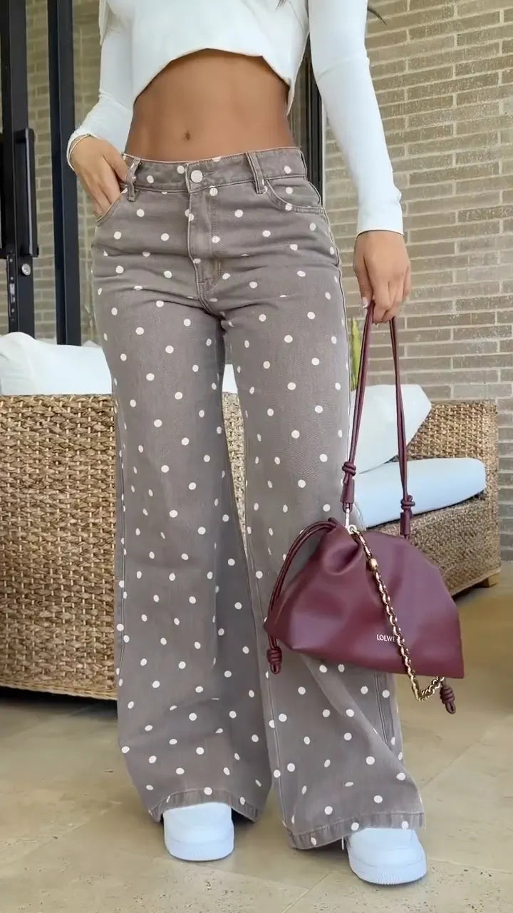Taupe Polka-Dot High-Waisted Wide-Leg Jeans