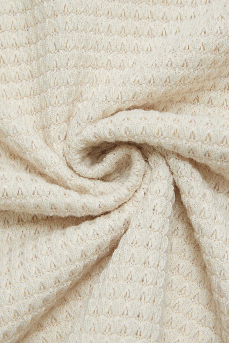 Waffle Knit Half Button Placket Drawstring Long Sleeve Hoodie