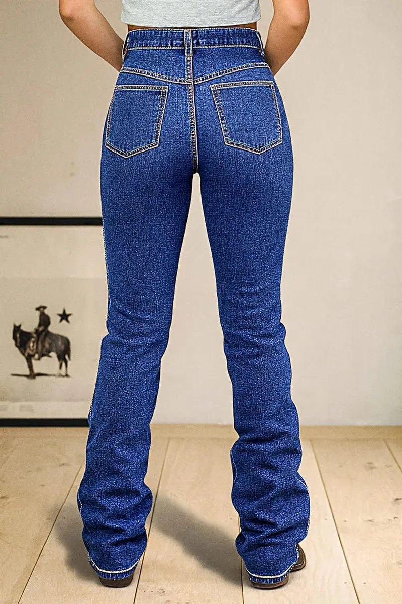 Wash Stitch Detail Button Up High Rise Bootcut Jeans
