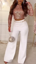 Rose Gold Sequin Long-Sleeve Crop Top & Pants Set