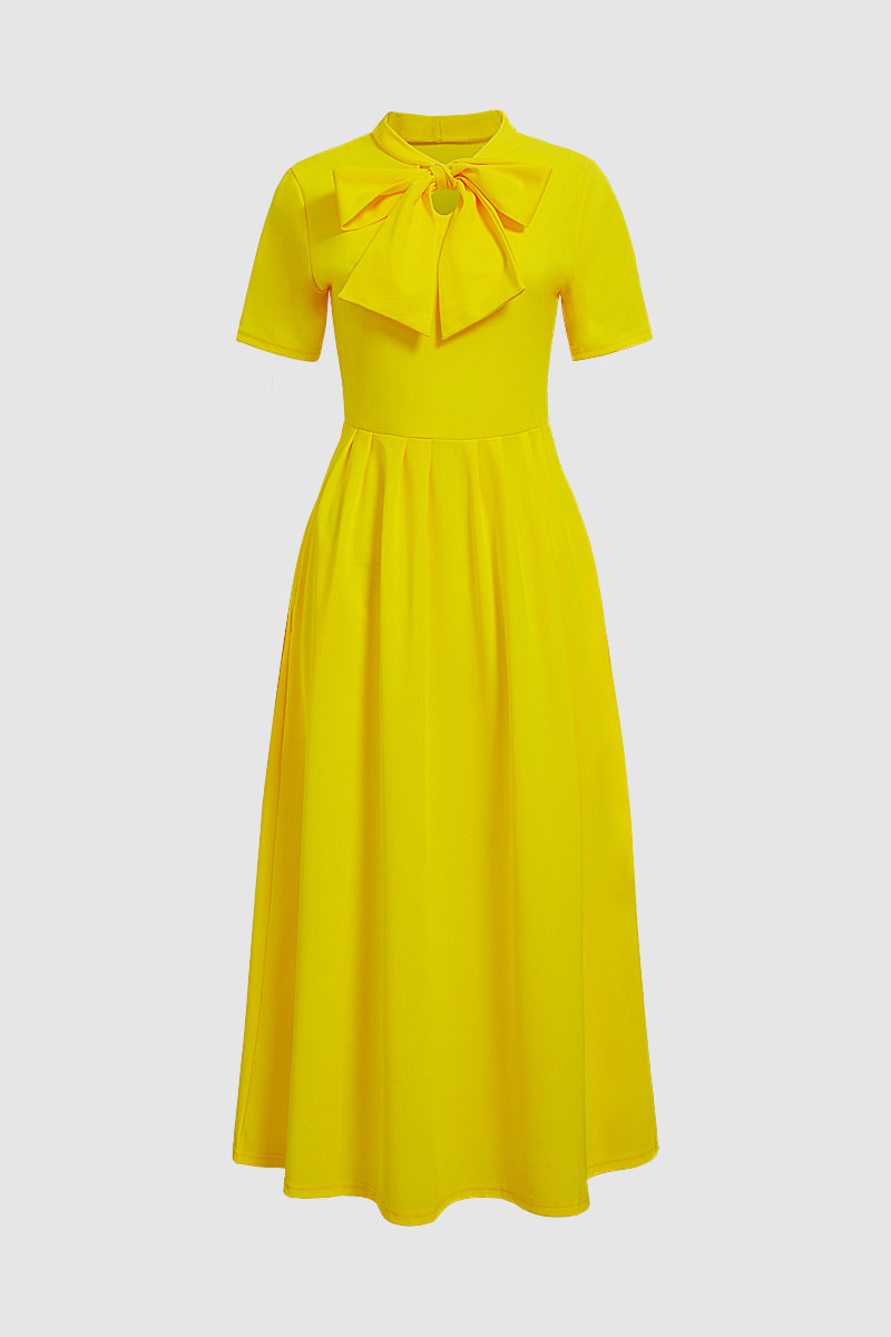 Solid Tie Neck Pleated Midi Dress