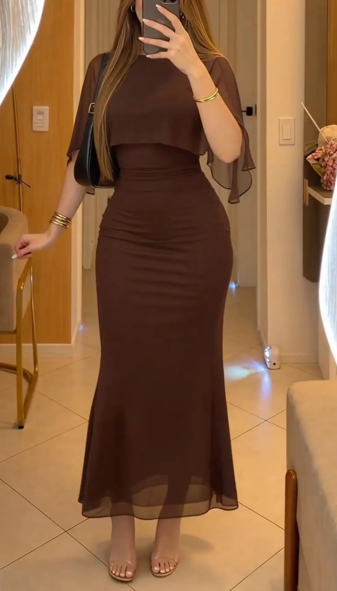 Chocolate Sheer-Cape Ruched Maxi Dress
