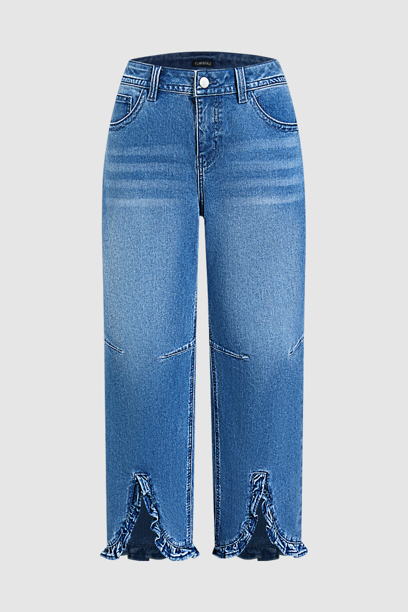 Wash Ruffle Split Hem Mid Rise Straight Leg Cropped Jeans