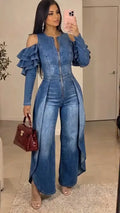 Blue Cold-Shoulder Ruffle Overlay Denim Jumpsuit