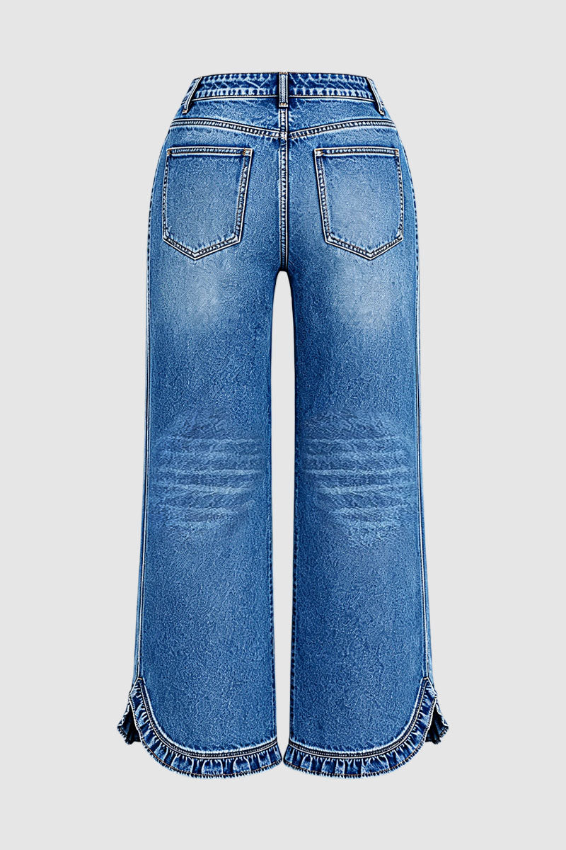 Wash Drawstring Split Ruffle Hem Mid Waist Wide Leg Jeans