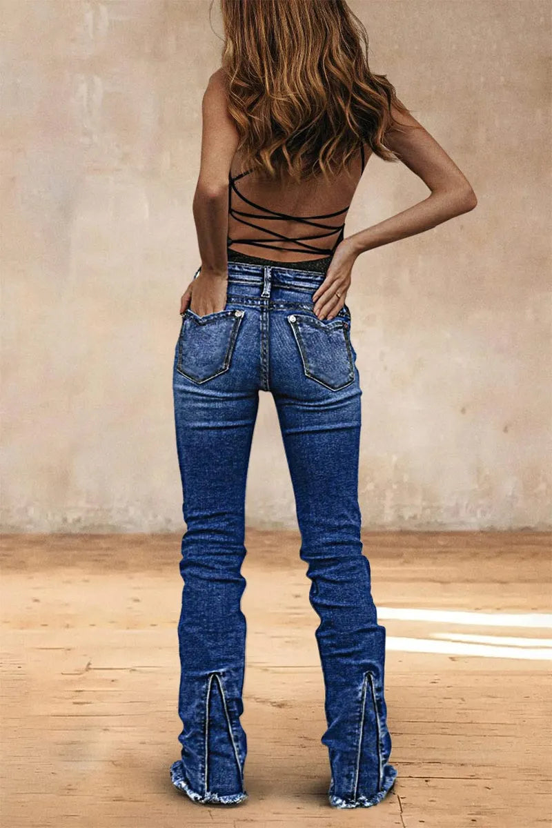 Wash Raw Hem V Cut Pocket Mid Rise Bootcut Jeans