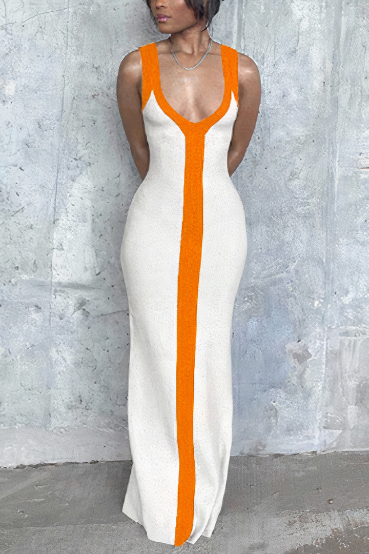 Two Tone Plunging Neck Split Maxi Dress