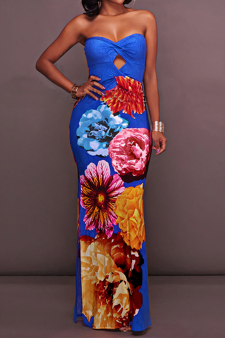 Floral Print Twist Hollow Out Split Maxi Dress