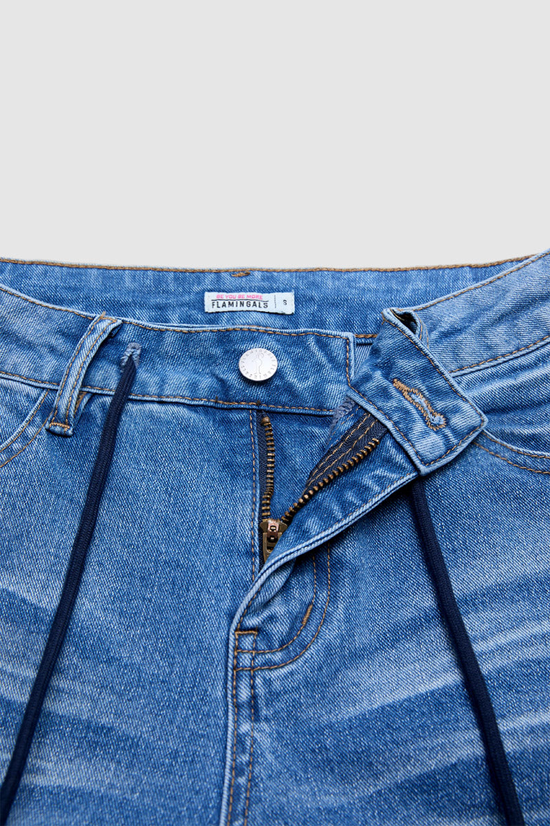 Wash Drawstring Split Ruffle Hem Mid Waist Wide Leg Jeans