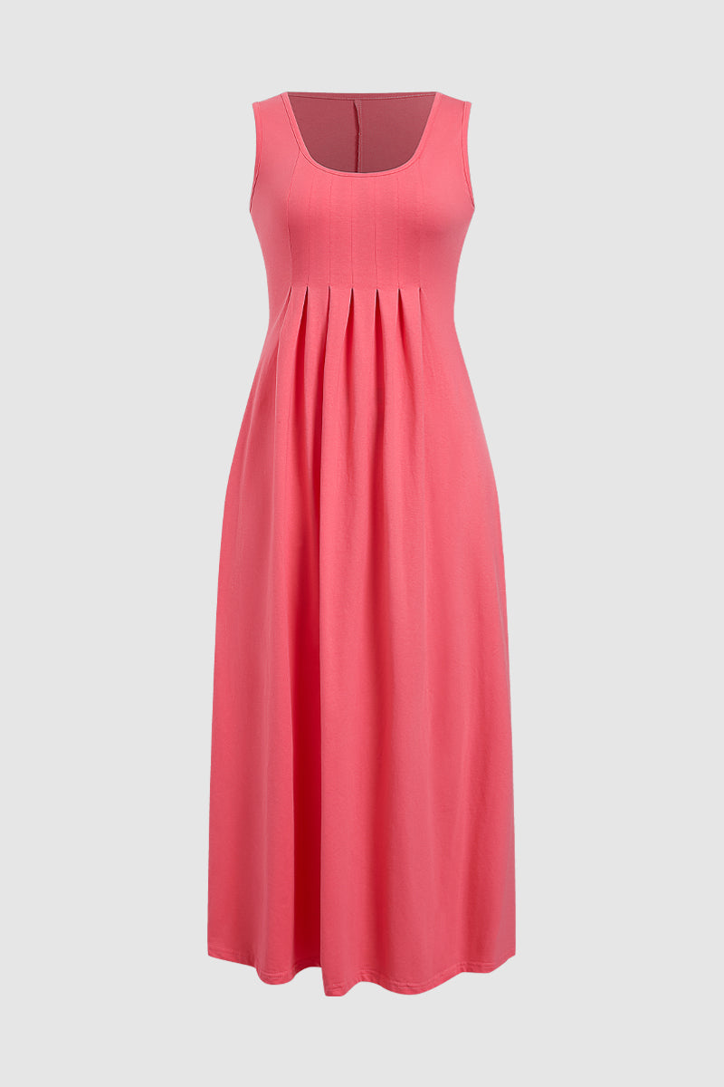 Solid Pleated Scoop Neck Long Tank Dress