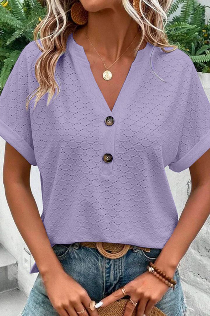 Solid Hollow Out Button Decor V Neck T-Shirt
