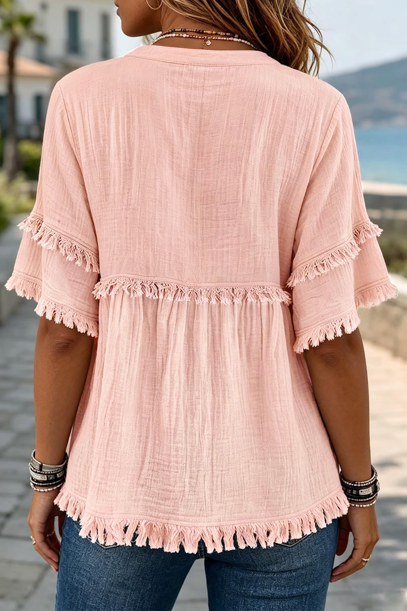 Solid Raw Hem Button Front Notched Neck Blouse