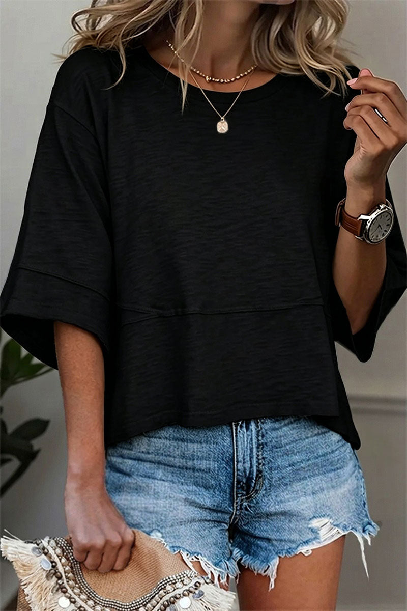 Solid Stitch Detail Round Neck Three Quarter Length Sleeve T-Shirt