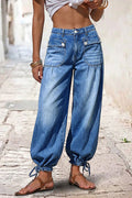 Flap Pocket Ruched Drawstring Mid Waist Balloon Leg Crop Jeans