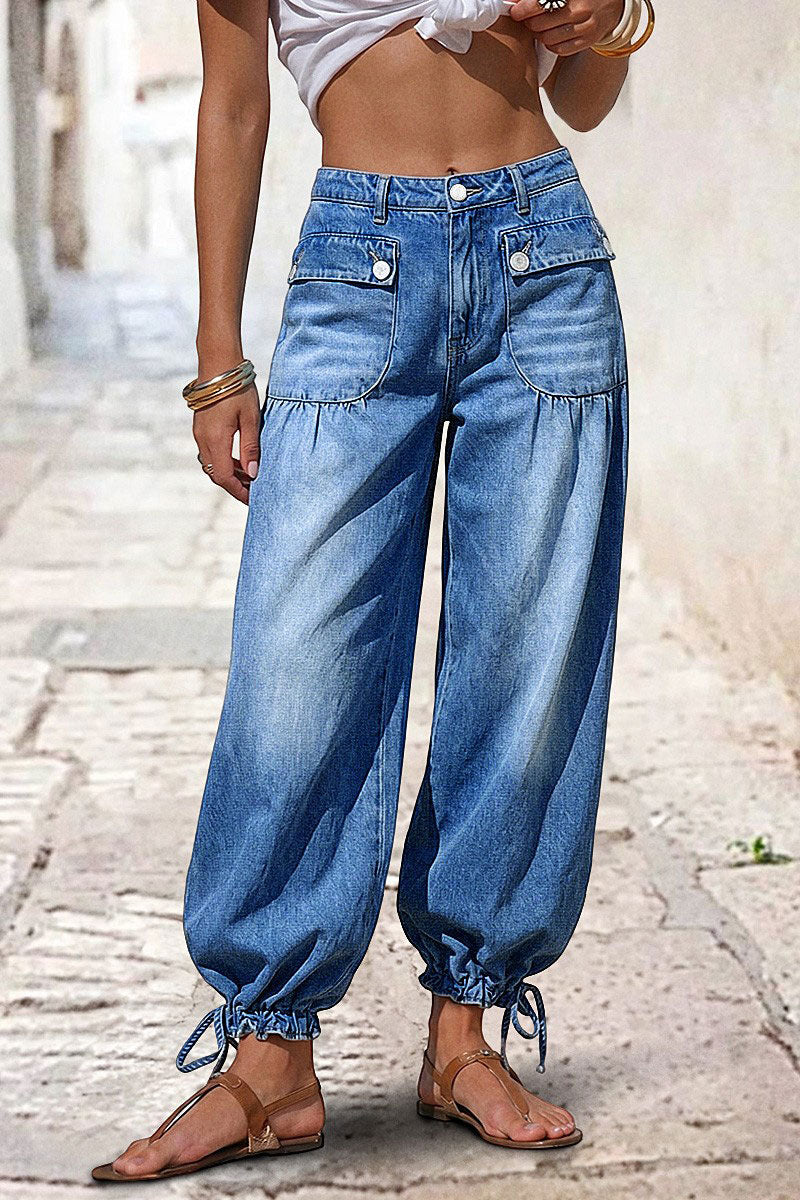 Flap Pocket Ruched Drawstring Mid Waist Balloon Leg Crop Jeans