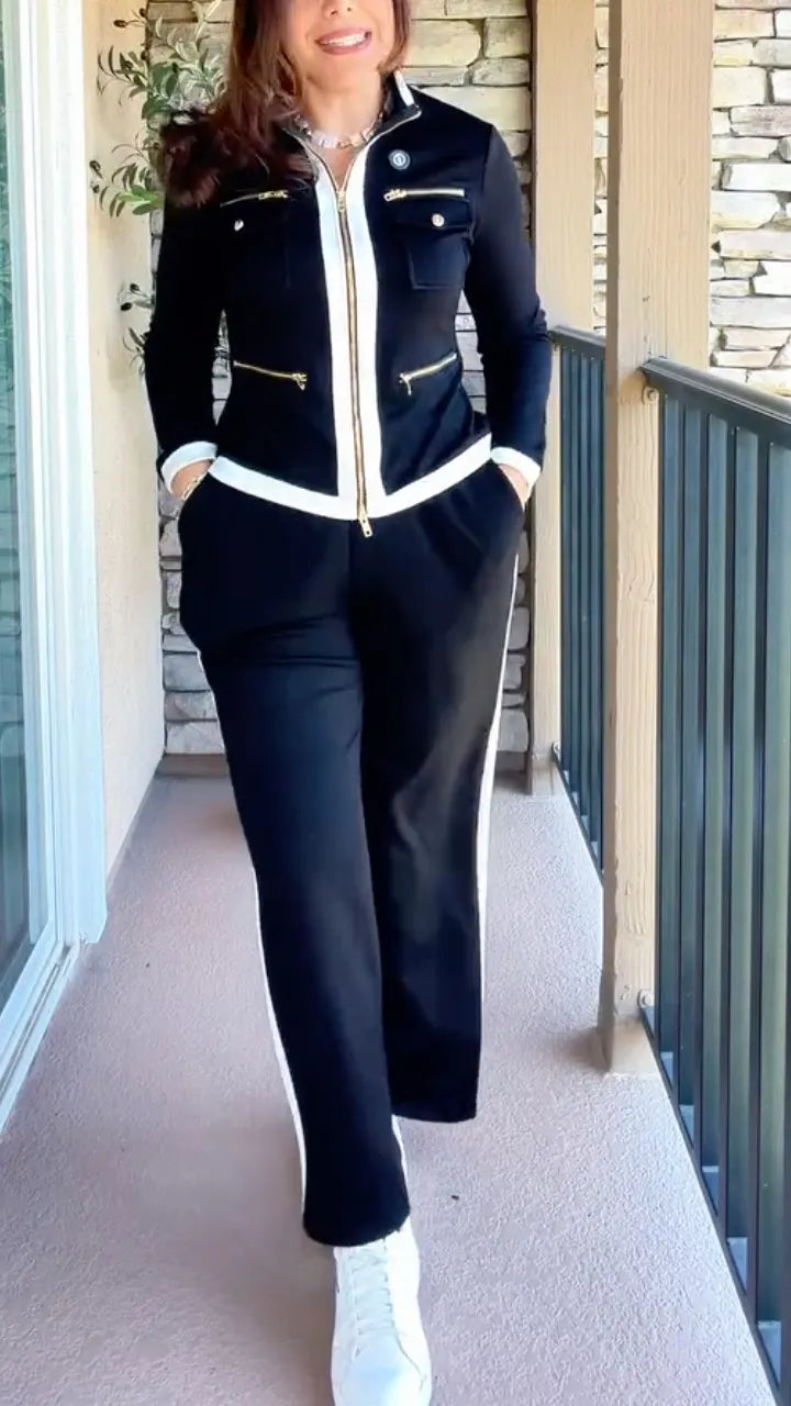 Contrast-Trim Zip Jacket & Pants Set