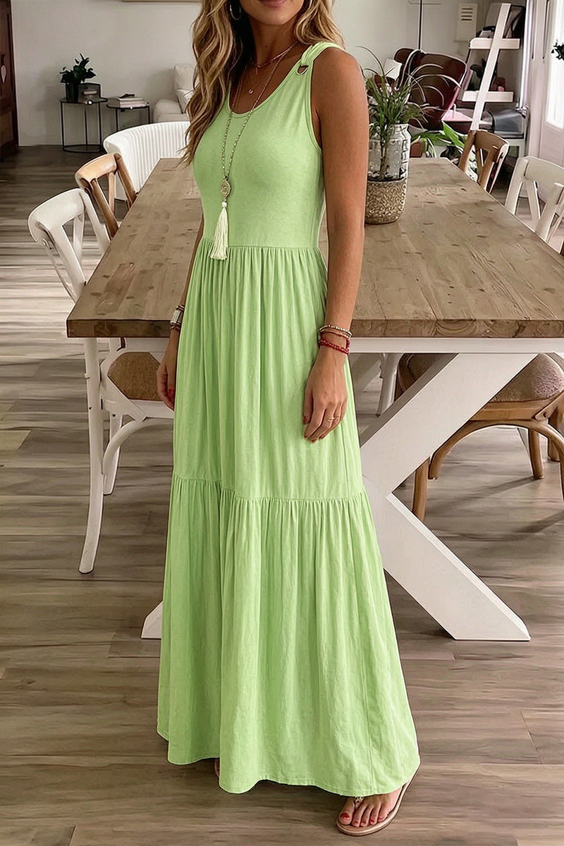 Solid Ring Linked Ruffle Hem Maxi Tank Dress