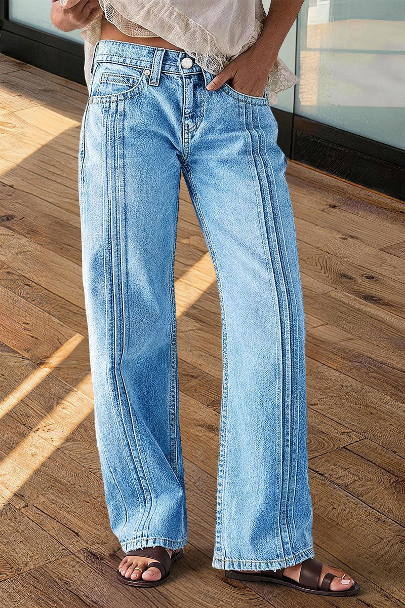 Wash Stitch Detail Mid Waist Straight Leg Jeans