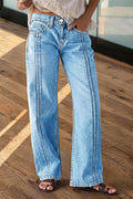 Wash Stitch Detail Mid Waist Straight Leg Jeans