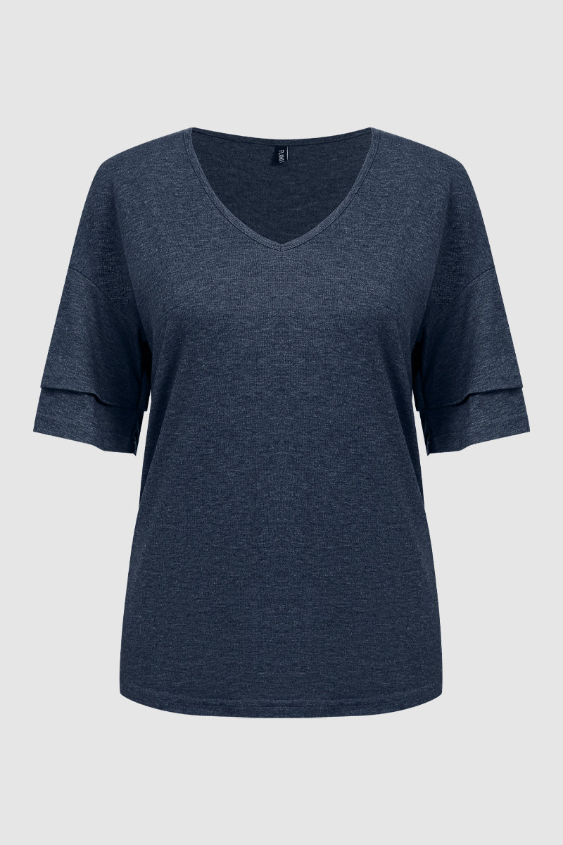 Solid Layered Sleeve V Neck T-Shirt