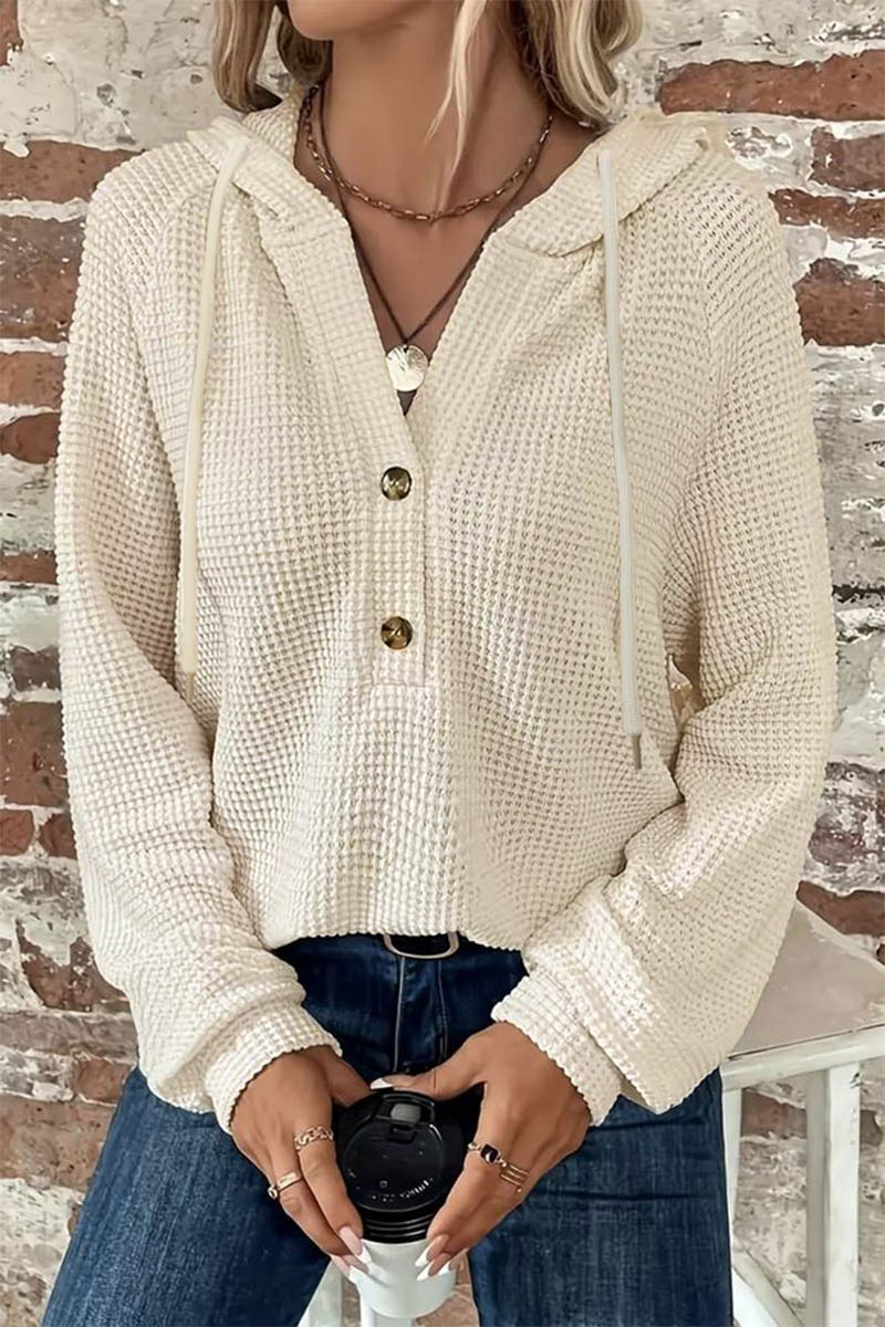 Waffle Knit Half Button Placket Drawstring Long Sleeve Hoodie