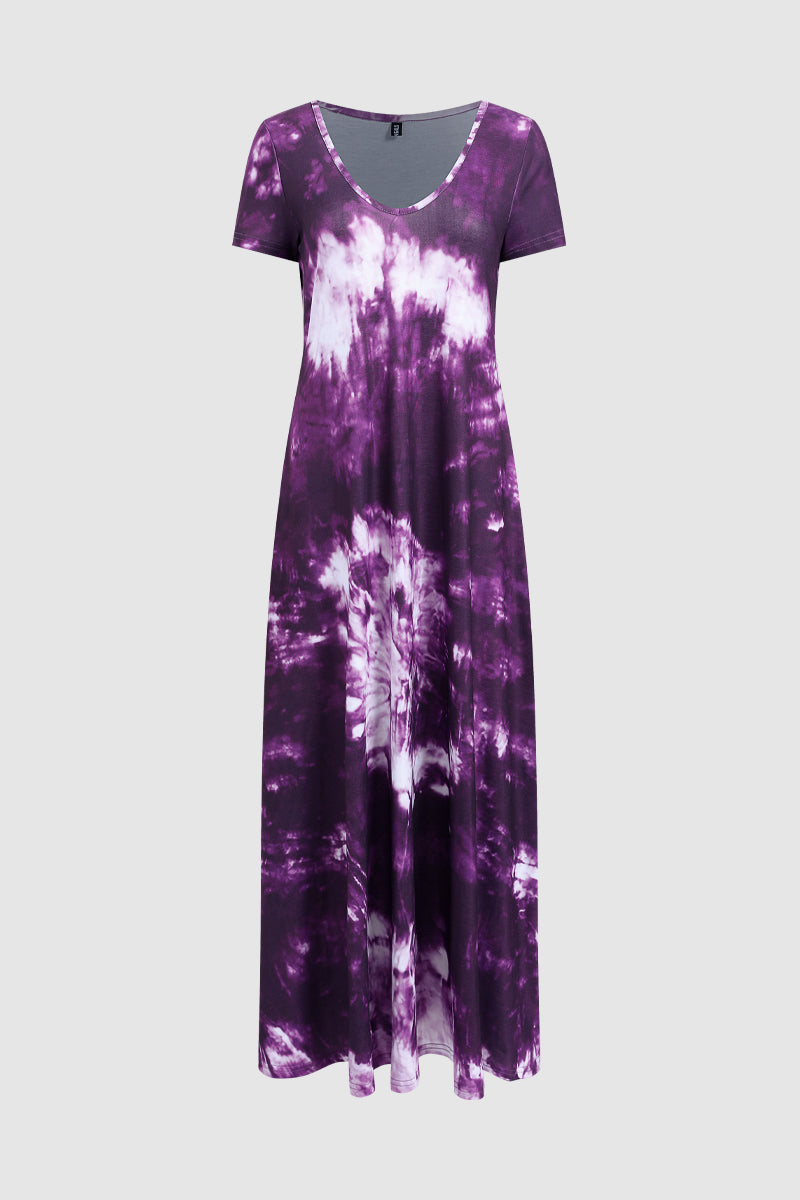 Spiral Tie Dye Scoop Neck Short Sleeve Maxi Dress